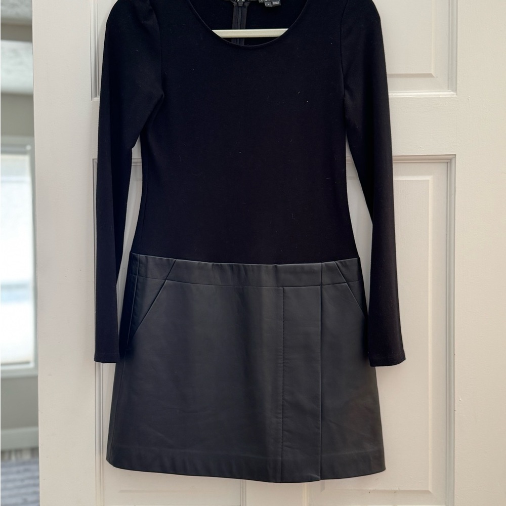 Theory Black Long Sleeve Dress with Leather Accents